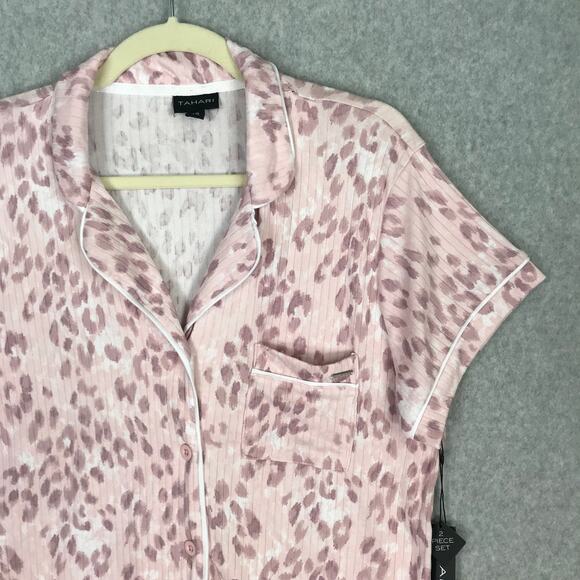 Tahari Shirt Womens Large Pink Leopard Ribbed Button Sleep Pajama PJs Soft Cozy - Picture 2 of 9